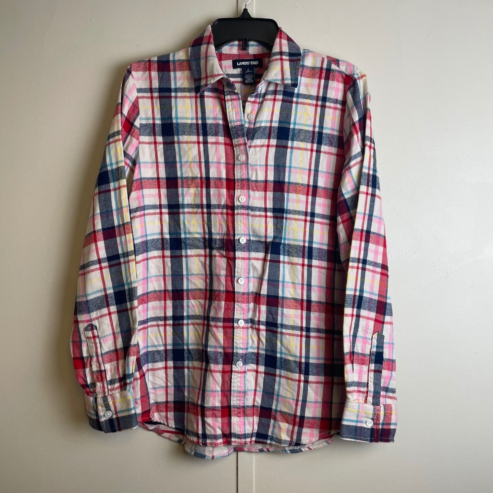 Lands‎ End Womens Small 6-8 Plaid Flannel Shirt Long Sleeve Cotton Button Down